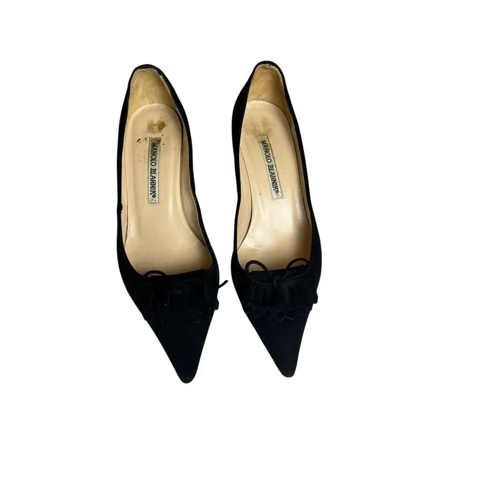 Vintage Manolo Blahnik Black Suede Bow Pumps Pointed Toe Kitten Heels 35.5